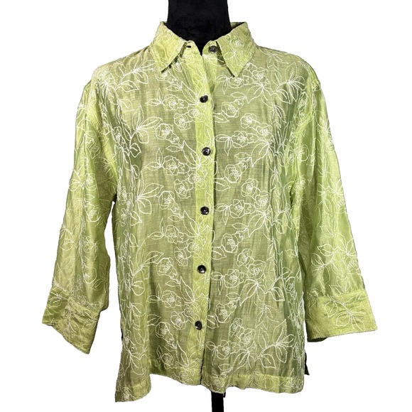 Chico's Tops - Chicos Silk Cotton Embroidered Top Womens Size 1 Medium Art Floral Fairy Green